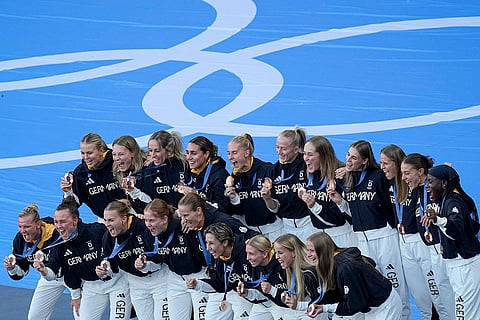 2024 Paris Olympics women's Football: Germany players pose with Bronze medal